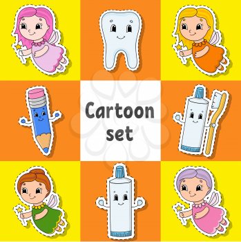 Set of stickers with cute cartoon characters. Dental clipart. Hand drawn. Colorful pack. Vector illustration. Patch badges collection. Label design elements. For daily planner, diary, organizer.