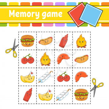 Memory game for kids. Education developing worksheet. Activity page with pictures. Puzzle game for children. Logical thinking training. Isolated vector illustration. Funny character. Cartoon style.