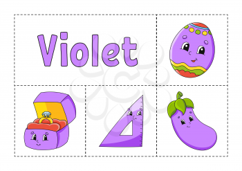 Learning violet color for kids. Education developing worksheet. Activity page with color pictures. Riddle for children. Isolated vector illustration. Funny character.