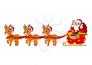 Deer with Christmas sleigh. Cartoon character. Colorful vector illustration. Isolated on white background. Design element. Template for your design, books, stickers, cards.