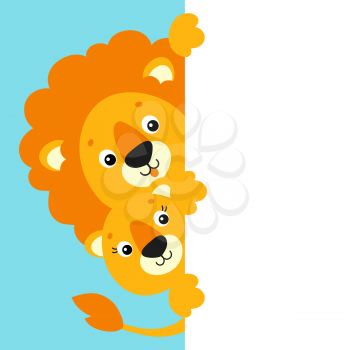 Funny lion and lioness. Cute cartoon character holding white blank poster. With place for text. Colored vector illustration.