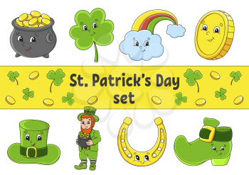 Set of stickers with cute cartoon characters. St. Patrick's Day. Hand drawn. Colorful pack. Vector illustration. Patch badges collection for kids. For daily planner, organizer, diary.