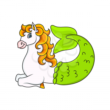 Cute mermaid horse. Cartoon character. Colorful vector illustration. Isolated on white background. Design element. Template for your design, books, stickers, cards.