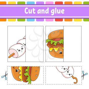 Cut and play. Paper game with glue. Flash cards. Education worksheet. Activity page. Funny character. Isolated vector illustration. Cartoon style.