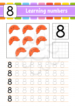 Number 8. Trace and write. Handwriting practice. Learning numbers for kids. Education developing worksheet. Activity page. Isolated vector illustration in cute cartoon style.
