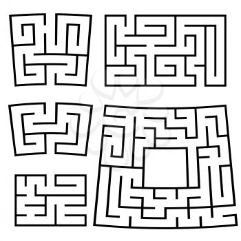 A set of square and rectangular labyrinths with entrance and exit. Simple flat vector illustration isolated on white background
