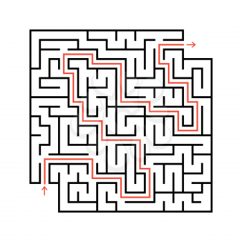 Abstract square maze with entrance and exit. Simple flat vector illustration isolated on white background. With a place for your drawings. With the answer