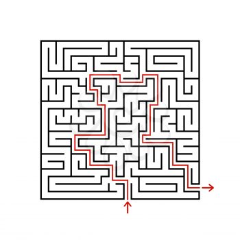 Black square maze with entrance and exit. A game for children and adults. Simple flat vector illustration isolated on white background. With the answer
