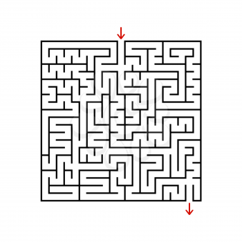 Black square maze with entrance and exit. A game for children and adults. Simple flat vector illustration isolated on white background