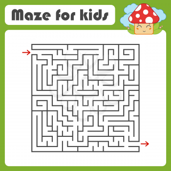 Black square maze with entrance and exit. With a cute cartoon mushroom. Simple flat vector illustration isolated on white background
