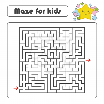 Black square maze with entrance and exit. With a lovely cartoon star. Simple flat vector illustration isolated on white background