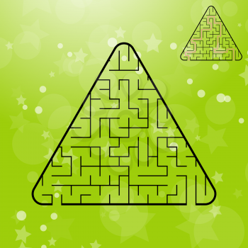 Triangular maze for children. The game is a mystery. Simple flat vector illustration on a colorful abstract background