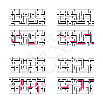 A set of four rectangular labyrinths. A game for children. Simple flat vector illustration isolated on white background. With the answer