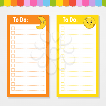 To do list for kids. Empty template. Crescent and moon. The rectangular shape. Isolated color vector illustration. Funny character. Cartoon style. For the diary, notebook, bookmark.