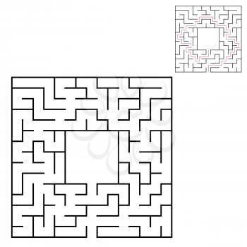 Black square maze with entrance and exit. An interesting and useful game for children. Simple flat vector illustration isolated on white background. With a place for your drawings. With the answer