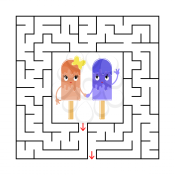 Abstract square maze with a cute color cartoon character. Funny ice cream. An interesting and useful game for children. Simple flat vector illustration isolated on white background