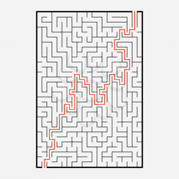 Abstract rectangular maze. Game for kids. Puzzle for children. One entrances, one exit. Labyrinth conundrum. Simple flat vector illustration isolated on white background. With answer.