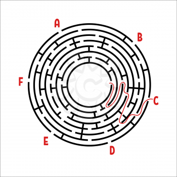 Abstract round maze. Game for kids. Children's puzzle. Six entrances, one exit. Labyrinth conundrum. Simple flat vector illustration isolated on white background. With the answer.