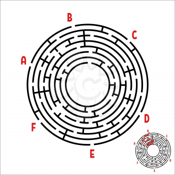 Abstract round maze. Game for kids. Children's puzzle. Six entrances, one exit. Labyrinth conundrum. Simple flat vector illustration isolated on white background. With the answer.