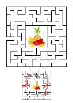 Abstract square maze. Game for kids. Puzzle for children. One entrances, one exit. Labyrinth conundrum. Vector illustration on white background with cartoon picture. With answer.