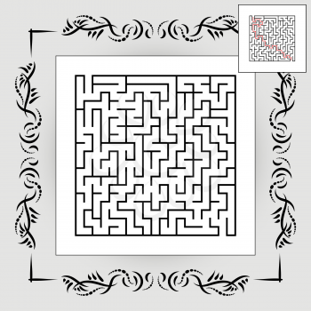 Abstract square maze in vintage frame. Game for kids. Puzzle for children. One entrances, one exit. Labyrinth conundrum. Flat vector illustration isolated on white background. With answer.