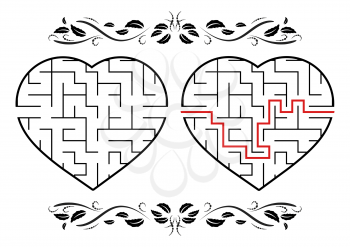 Maze in the shape of a heart. Game for kids. Puzzle for children. Labyrinth conundrum. Flat vector illustration isolated on white background. With answer. Vintage style