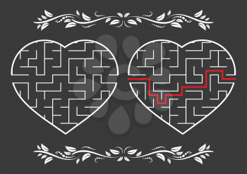 Labyrinth in the shape of a heart. Game for kids. Puzzle for children. Labyrinth conundrum. Flat vector illustration isolated on color background. With answer. Vintage style