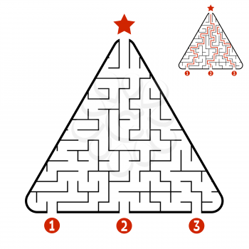 Abstract triangle labyrinth. Game for kids. Puzzle for children. Find the right path to the star. Labyrinth conundrum. Vector illustration isolated on white background. With answer. Christmas tree.