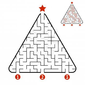 Abstract triangle labyrinth. Game for kids. Puzzle for children. Find the right path to the star. Labyrinth conundrum. Vector illustration isolated on white background. With answer. Christmas tree.