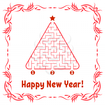 New Year greeting card with a triangular labyrinth. Find the right path to the star. Game for kids. Christmas tree. Maze conundrum. Vector illustration. With frame in vintage style.