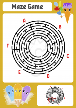 Abstract round maze. Kids worksheets. Game puzzle for children. Cute cartoon ice cream. One entrances, one exit. Labyrinth conundrum. Vector illustration. With answer.