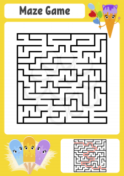 Abstract square maze. Kids worksheets. Game puzzle for children. Cute ice cream. One entrances, one exit. Labyrinth conundrum. Vector illustration. With answer.