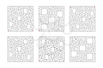 A set of square mazes. Game for kids. Puzzle for children. One entrances, one exit. Labyrinth conundrum. Flat vector illustration isolated on white background.