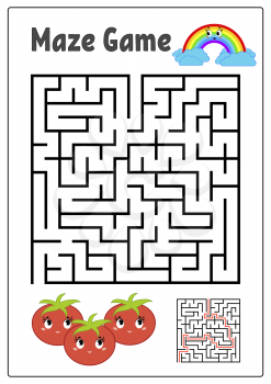 Abstract square maze. Kids worksheets. Activity page. Game puzzle for children. Cute cartoon tomato and rainbow. Labyrinth conundrum. Vector illustration. With answer.