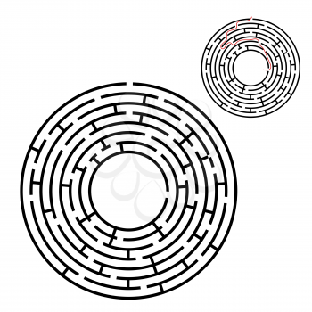 Abstract round maze. Game for kids. Puzzle for children. One entrance, one exit. Labyrinth conundrum. Flat vector illustration isolated on white background. With answer. With place for your image