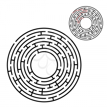 Abstract round maze. Game for kids. Puzzle for children. One entrance, one exit. Labyrinth conundrum. Flat vector illustration isolated on white background. With answer. With place for your image