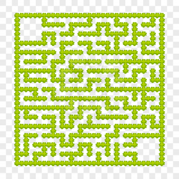 Square labyrinth of garden bushes. Game for kids. Puzzle for children. One entrance, one exit. Labyrinth conundrum. Flat vector illustration. On a transparent background. With place for your image