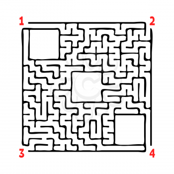 Abstract square maze. Game for kids. Puzzle for children. Four entrances, one exit. Labyrinth conundrum. Flat vector illustration isolated on white background. With place for your image