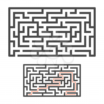 Abstract rectangular maze. Game for kids. Puzzle for children. One entrance, one exit. Labyrinth conundrum. Flat vector illustration isolated on white background. With answer