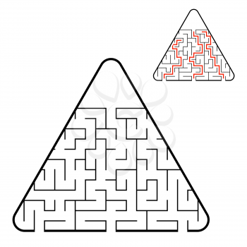 Abstract triangular labyrinth. Find the right path. Game for kids. Puzzle for children. Labyrinth conundrum. Flat vector illustration isolated on white background. With the answer