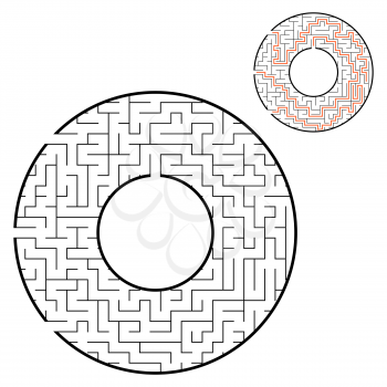 Black round maze. With three ways. Game for kids. Puzzle for children. Labyrinth conundrum. Flat vector illustration isolated on white background. With place for your image. With the answer