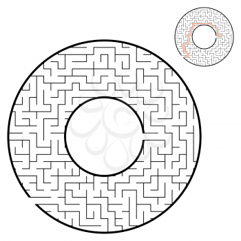 Abstract round maze. Game for kids. Puzzle for children. One entrance, one exit. Labyrinth conundrum. Flat vector illustration isolated on white background. With answer. With place for your image
