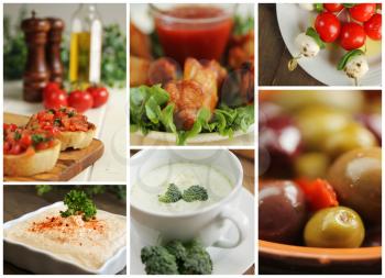 Collage of different appetiser showing chicken wings, soup, olives and others