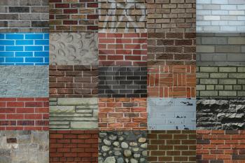Collage showing different colors and texture of brick walls