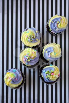 Top view of  six yellow and lilac cupcake on a black and white lined background