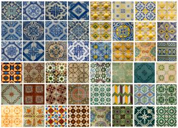 Collage of different colored pattern tiles in Lisbon, Portugal
