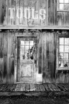 Abandoned tools store.  Black and white.