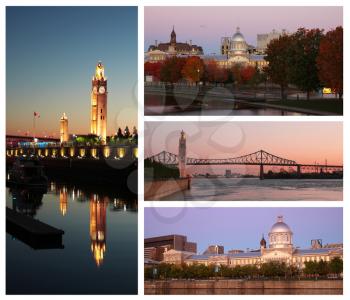 Collage showing different view of Montreal in Canada during sunrise hour