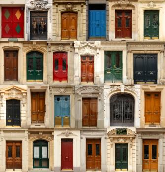 Collage of old and colorful doors from Paris, France.