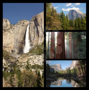 Collage showing nice landscape from Yosemite park in California, United States